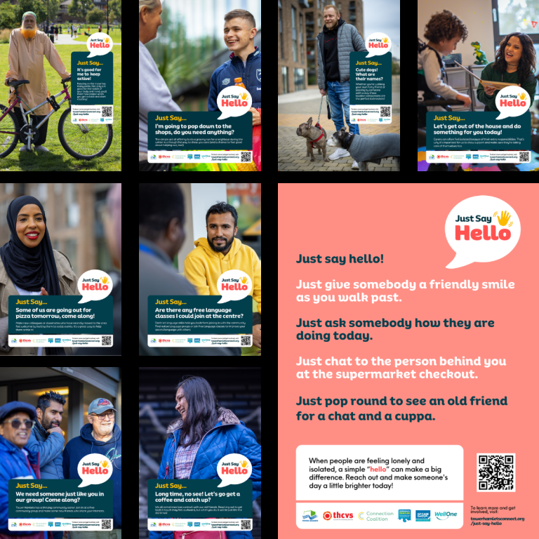 An image showing all of the poster created by Well One for the Just Say Hello campaign in Tower Hamlets, featuring photographs of local residents