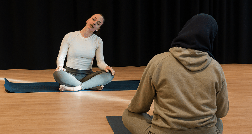 Two women doing relaxing yoga poses at Poplar Union community centre