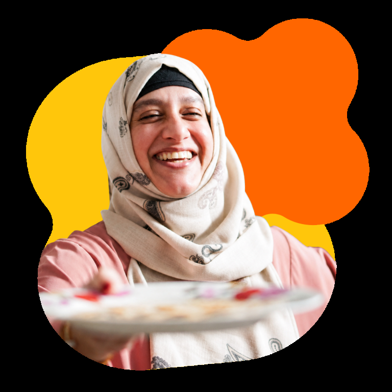 Rajia is serving food that she now makes using less oil to make her diet healthier