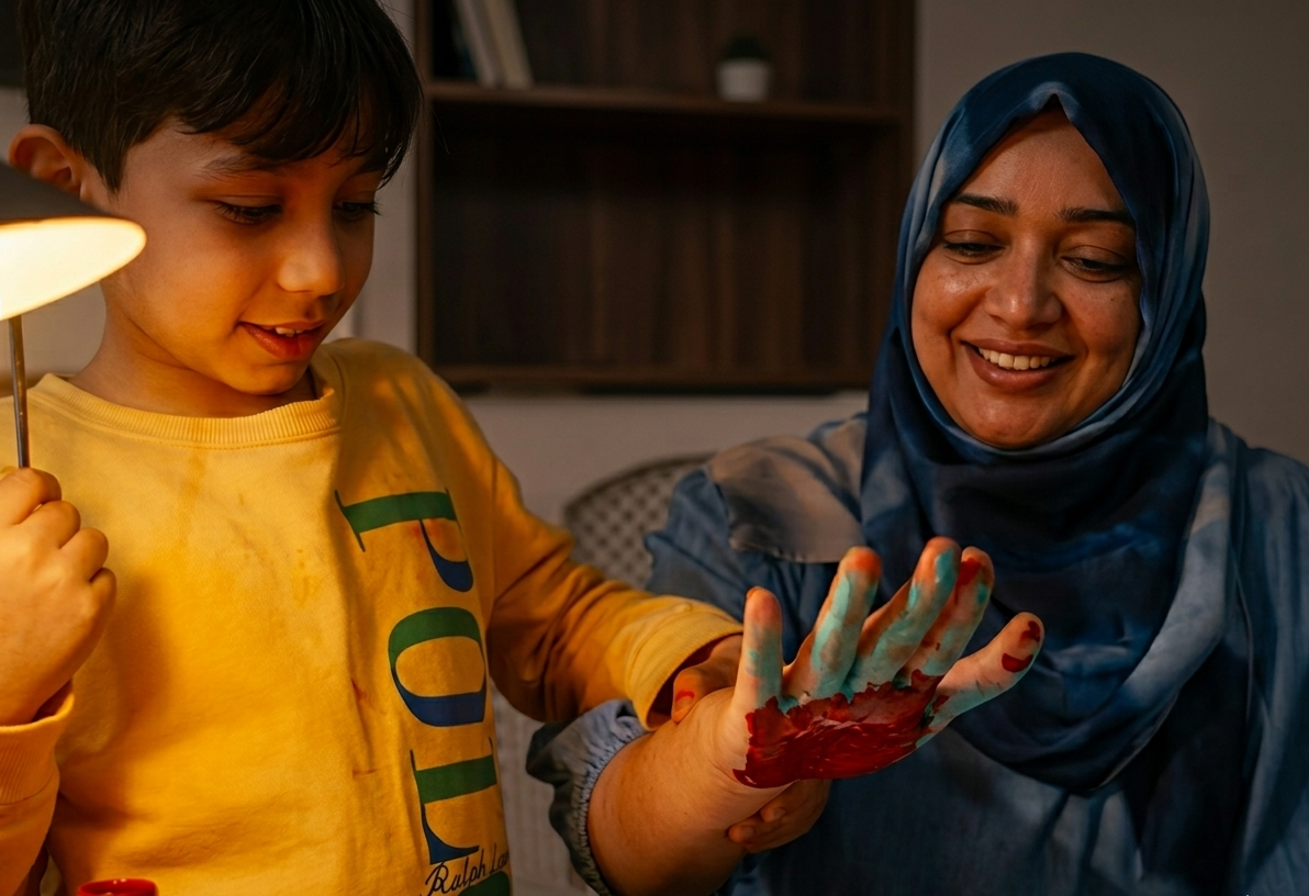 A mother and son are hand painting