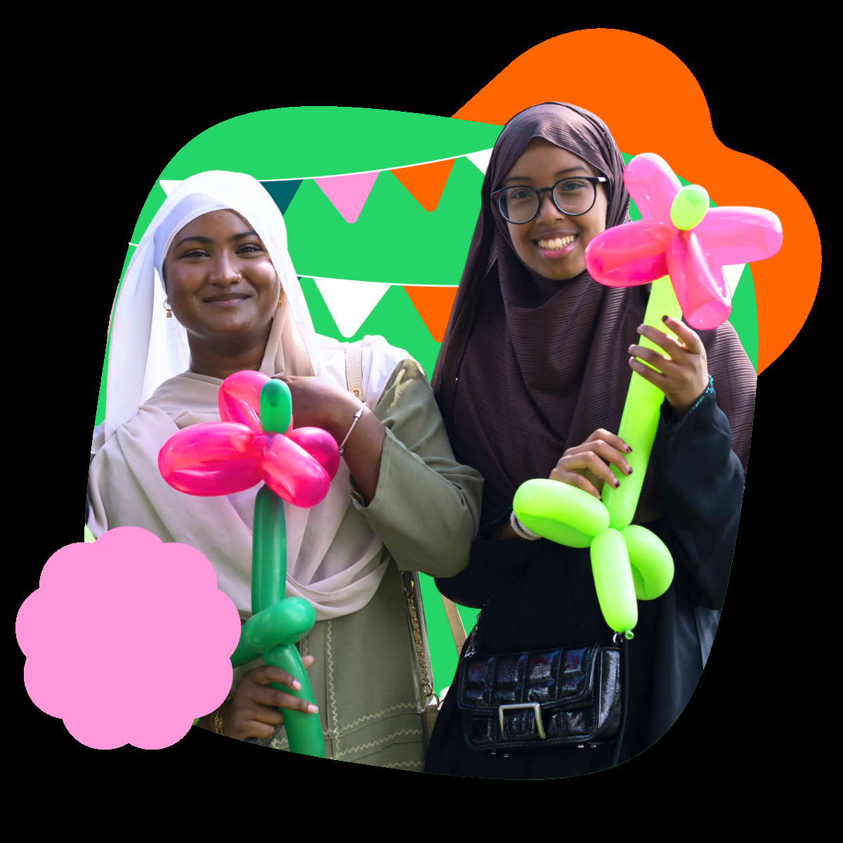 Two teenage girls carry colourful balloon modelled flowers